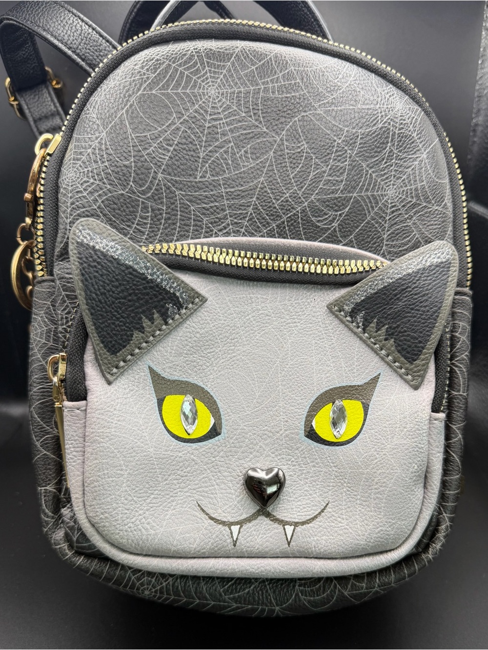 Betsey Johnson-Gray Dracula Cat Face & Spider Web print Mini backpack